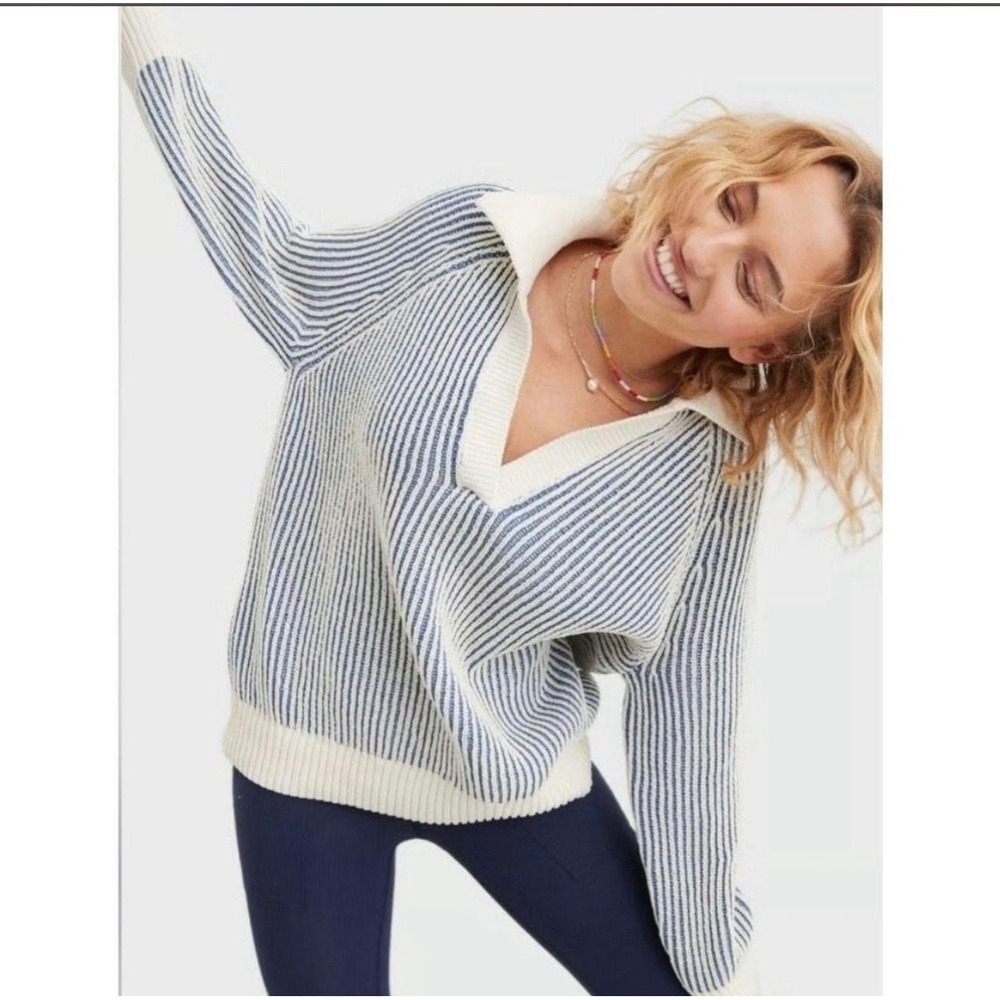 Aerie Striped V-Neck Polo Sweater Large Blue Cream Oversized Coastal Preppy